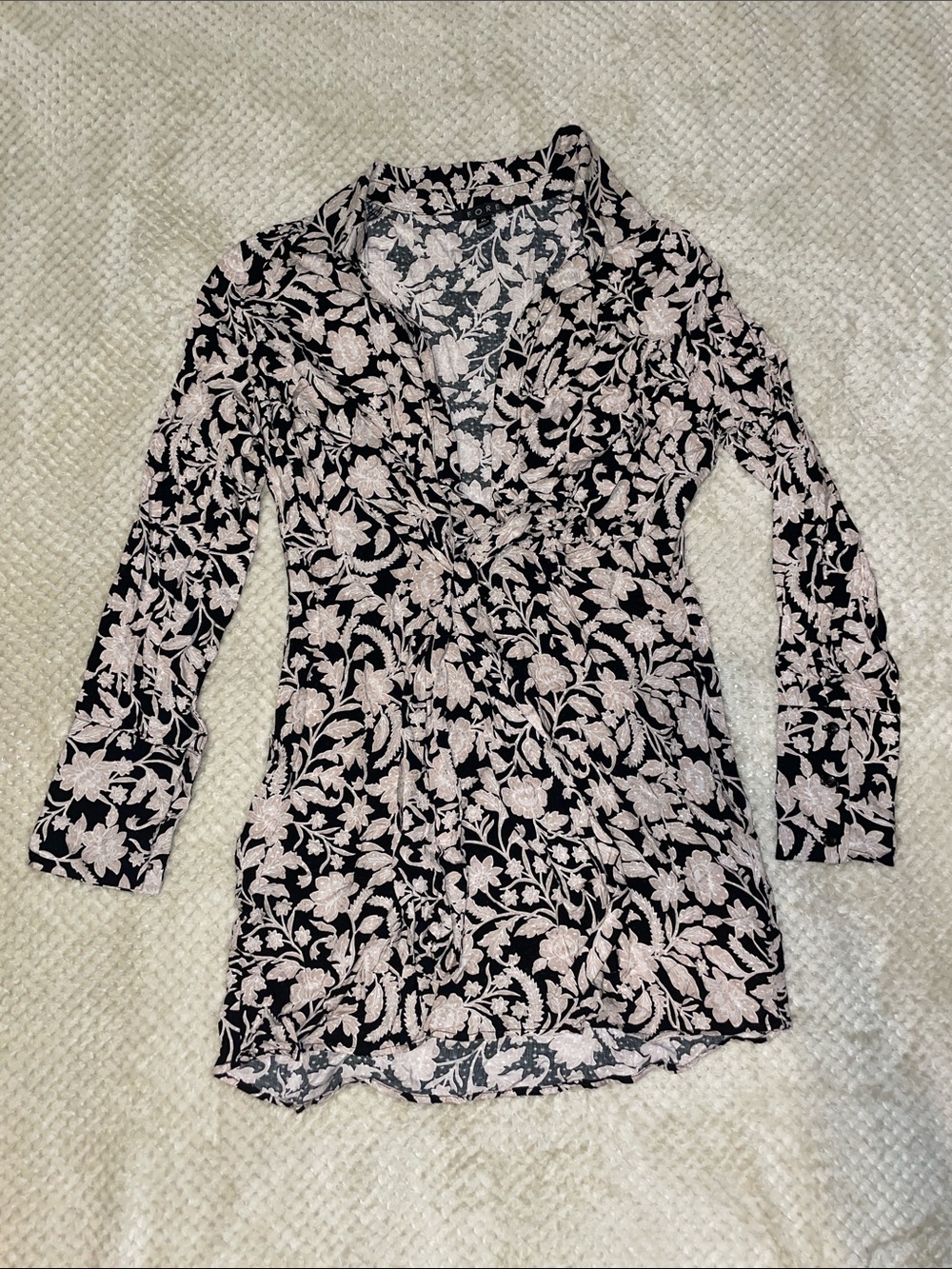 Womens Black and Light Pink Floral Wrap Blouse